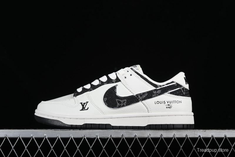 Nike SB Dunk Low LV Collaboration - Beige Black Denim Floral Anniversary High-End Custom Low-Top Casual Skate Shoes - XB3802-358