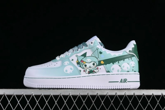 Nike Air Force 1 '07 Low Witch Collaboration Custom Leather Sneakers with Skull and Gradient White-Green Design - CW2288-111