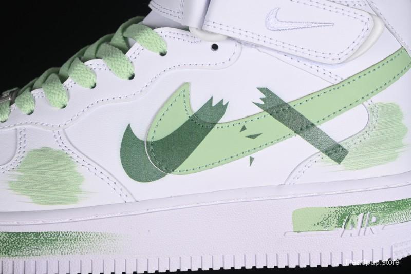 Nike Air Force 1 '07 Mid Hand-Painted White Green with Swoosh Shadow and Strap - CW2289-111