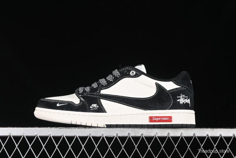 Nike Travis Scott x Fragment Design x Air Jordan 1 Low OG SP AJ1 Supreme Stussy Collaboration - Red Tab Black Warrior Low Top Casual Sneakers - SJ2068-124