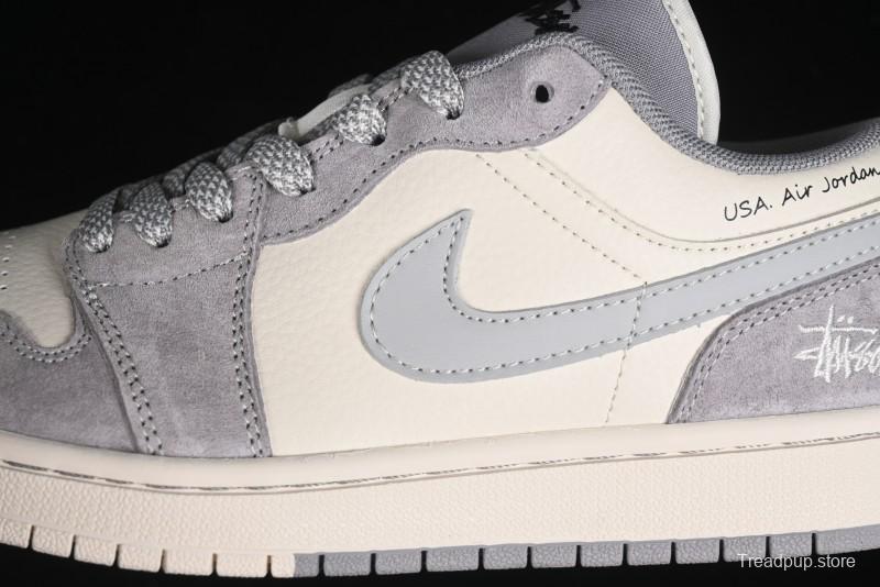 Nike Air Jordan 1 Low Stussy Collaboration - Light Bone Grey Dual-Tone Premium Custom Retro Basketball Shoes - SJ9950-045