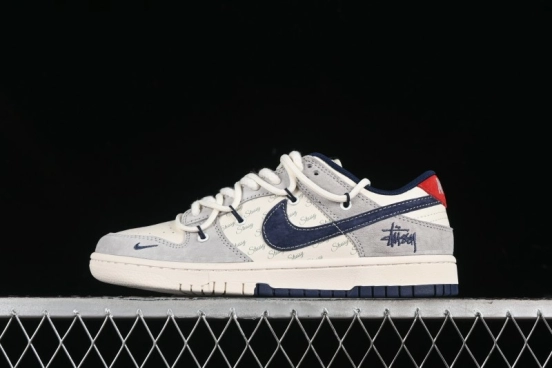 Nike SB Dunk Low Stussy Collaboration - Lace-Up Off White Navy Swoosh Anniversary High-End Custom Low-Top Casual Sneakers - SJ2068-308