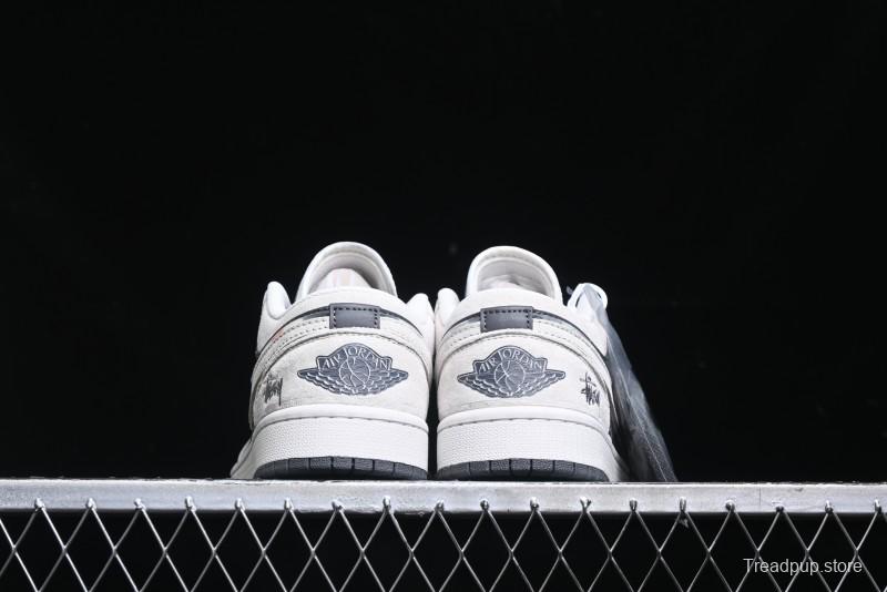 Nike Air Jordan 1 Low Stussy Collaboration - Grey Pigskin Black Base Retro Basketball Shoes - XX3318-968