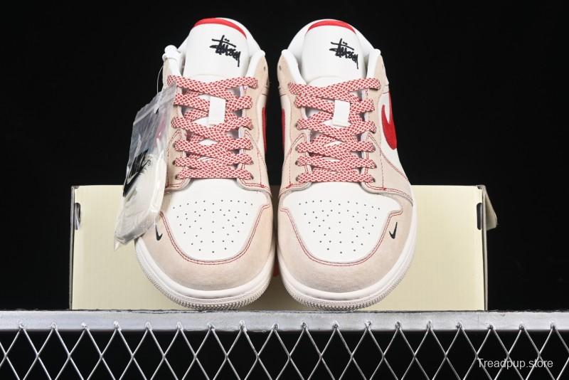 Nike Air Jordan 1 Low Stussy Collaboration Khaki Red Hook Retro Basketball Shoes - SJ9950-040