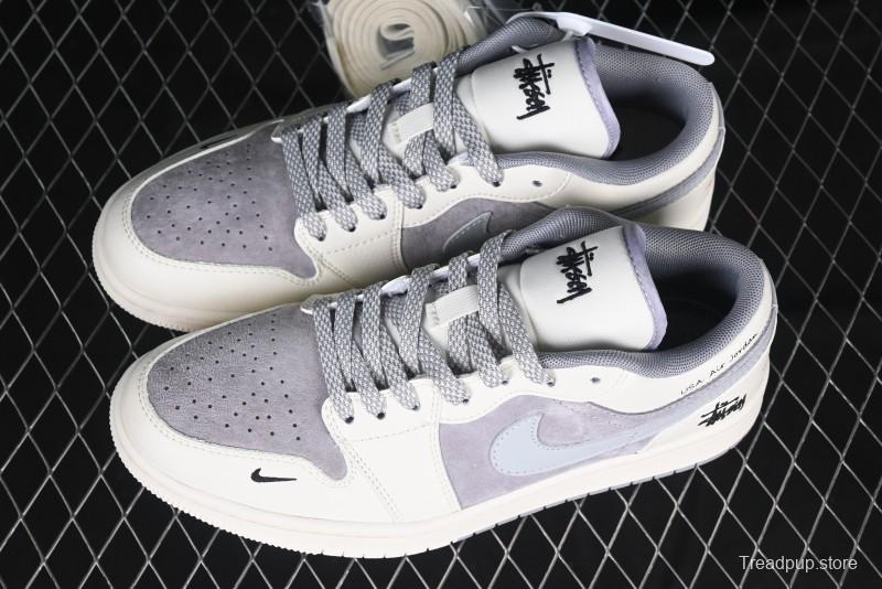 Nike Air Jordan 1 Low Stussy Collaboration - Retro Basketball Shoes in Light Grey - SJ9950-044