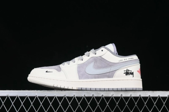 Nike Air Jordan 1 Low Stussy Collaboration - Retro Basketball Shoes in Light Grey - SJ9950-044