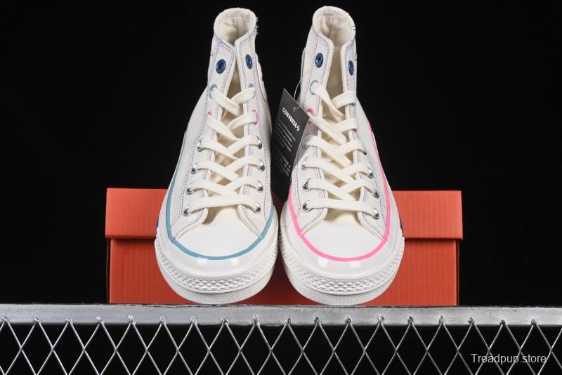 Converse Chuck 1970s High Top Casual Sneakers with Star Stitching and White-Pink-Blue Mismatched Design - A15744C