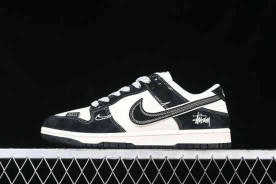 Nike SB Dunk Low Stussy x Gucci Triple Collaboration - Irregular Black Swoosh Anniversary Custom Low-Top Casual Sneakers - FC1688-196