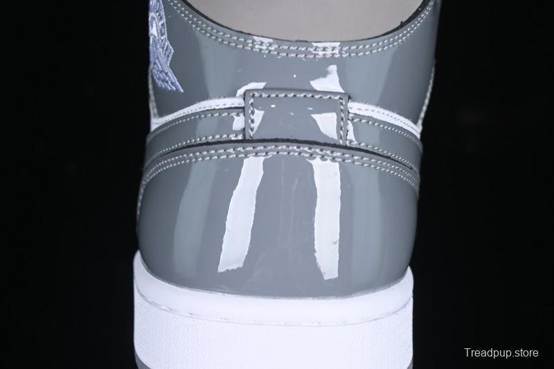 Nike Air Jordan 1 Mid AJ1 High-Top Basketball Shoes in White Grey Patent Leather - HF3216-100
