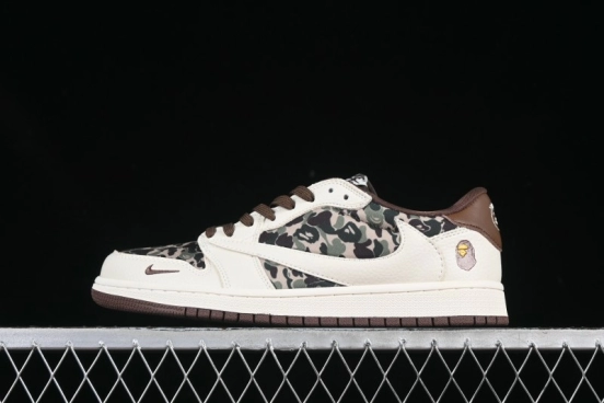 Nike Travis Scott x Fragment Design x Air Jordan 1 Low OG SP AJ1 Bape Collaboration Beige Camo Low-Top Casual Sneakers - XS2024-019