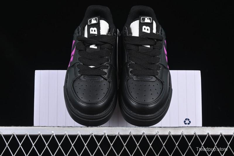 NY Yankees Black Leather Sneakers with Bold Pink Logo