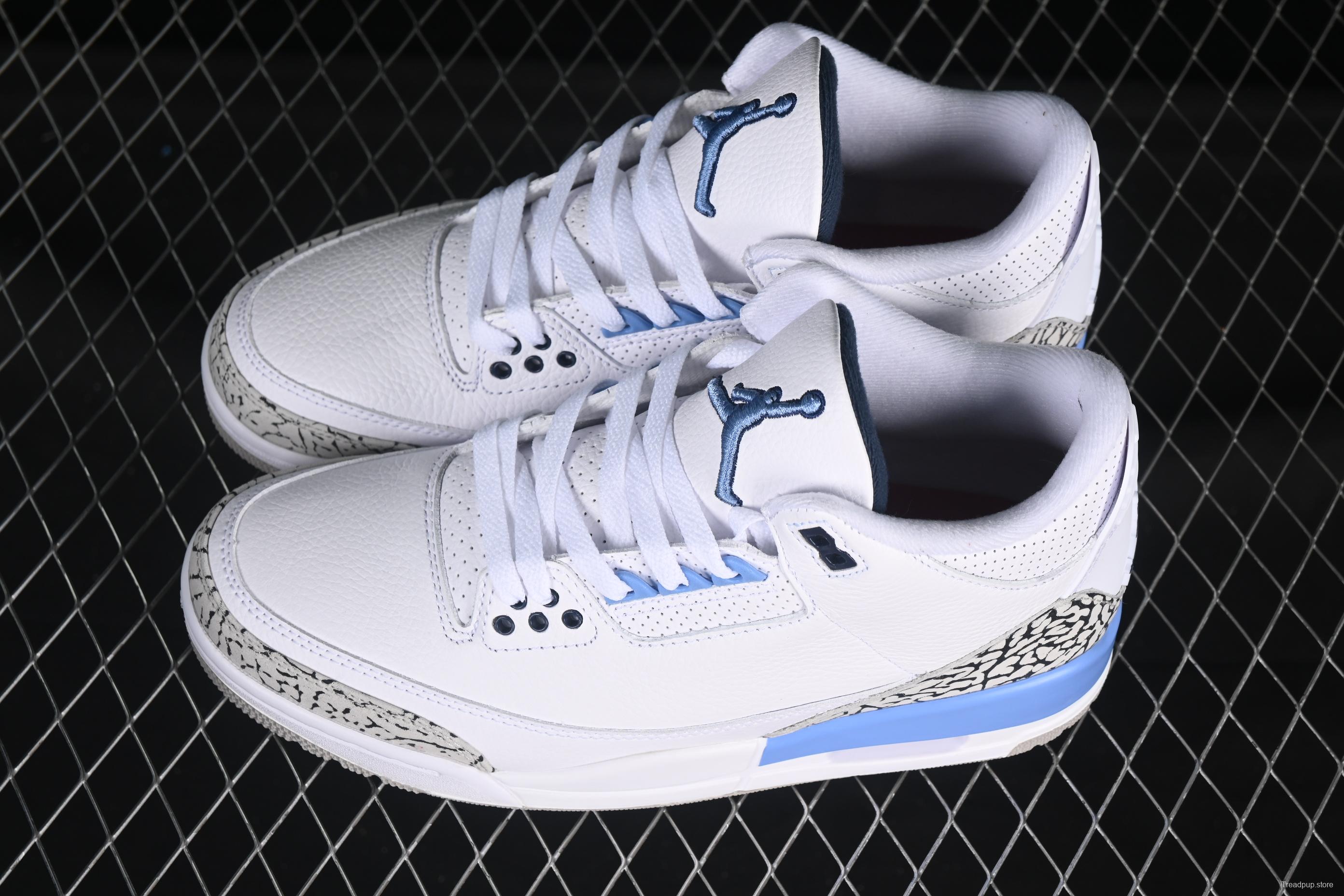 Nike Air Jordan 3 Retro UNC White Blue Cracked Leather Basketball Shoes - CT8532-104