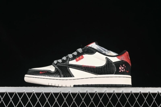 Nike Travis Scott x Fragment Design x Air Jordan 1 Low OG SP AJ1 Snake Year Limited Edition Two-Tone Black Snake Pattern Low-Top Casual Sneakers - YX5066-306