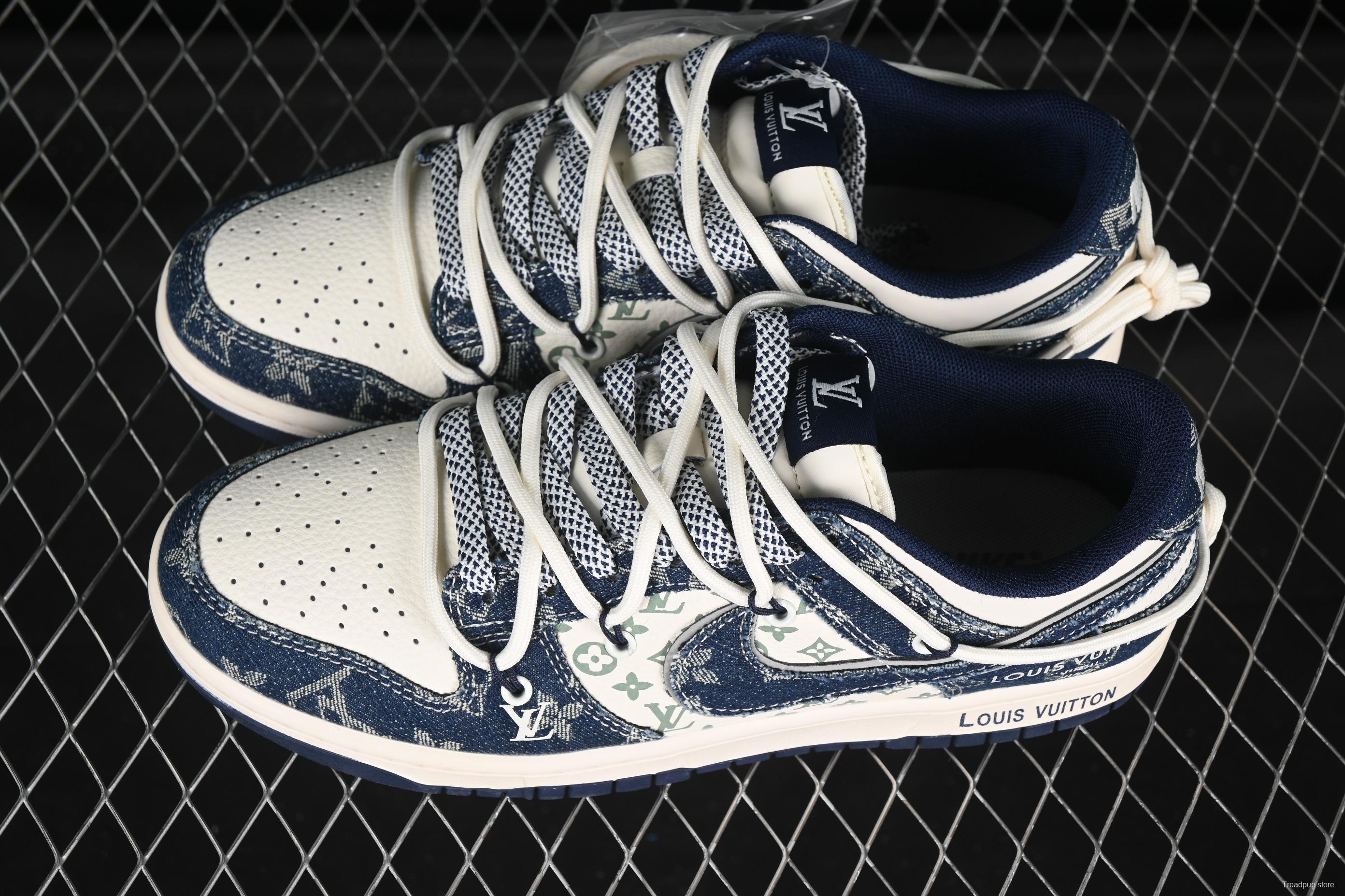 Nike SB Dunk Low LV Collaboration Strap Blue White Denim Blue Hook Anniversary High-End Custom Low-Top Casual Skate Shoes - YX5066-321