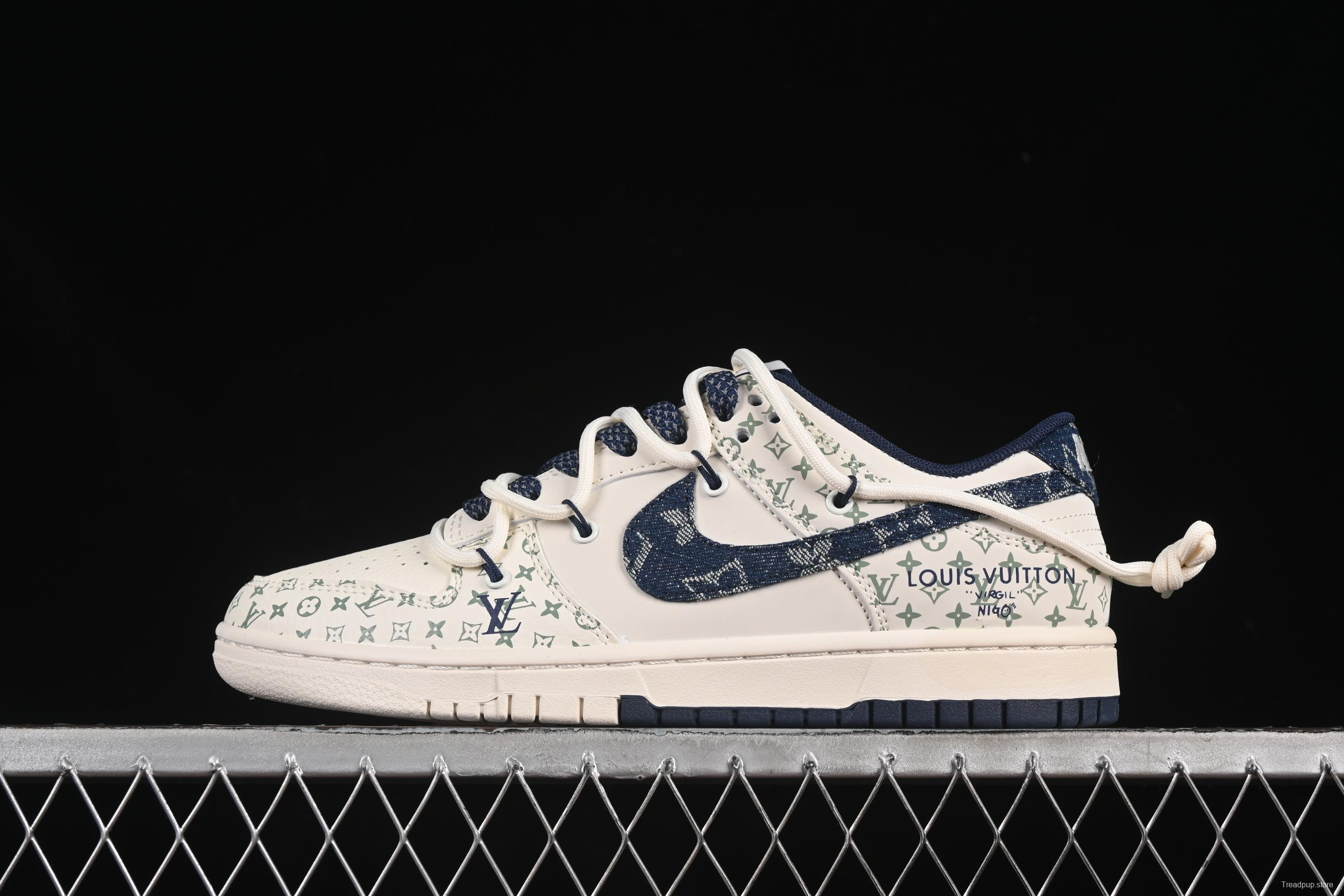 Nike SB Dunk Low LV Collaboration Strap Denim Blue Swoosh Anniversary High-End Custom Low-Top Casual Skate Shoes - YX5066-329
