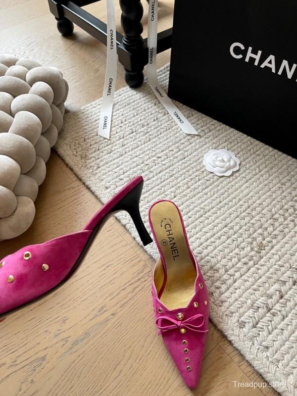 2025 Women Chanel Pink Suede Slip-on Mules KFY00290