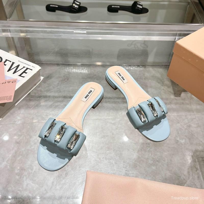 2025 Women Miu Miu Light Blue Leather Slippers