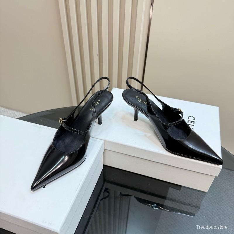 2025 Women Celine Black Patent Leather Slingback Pointed Toe Heels KFY00310