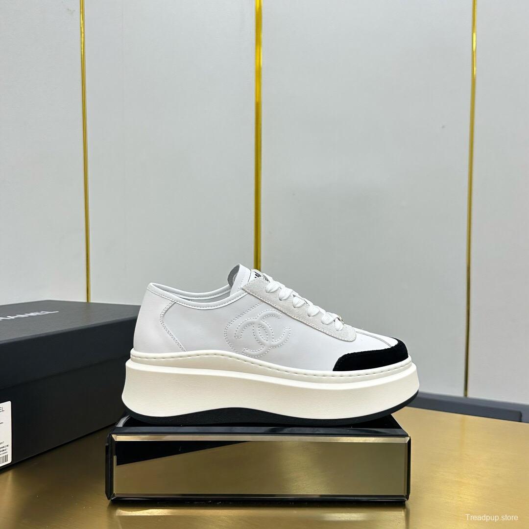 2025 Women Chanel White Black Leather Sneakers Platform Sole