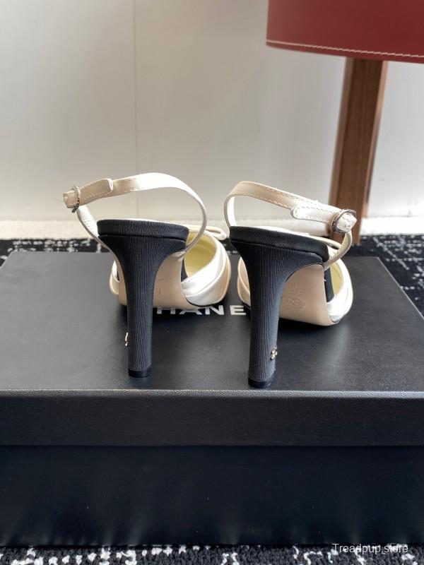 2025 Women Chanel Black White Satin Leather Slingback Heels