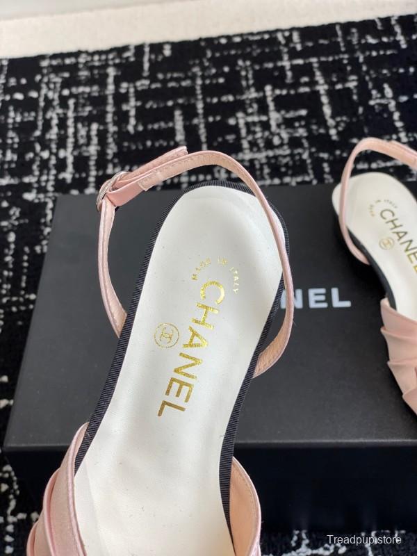 2025 Women Chanel Pink Black Silk Leather Sandals Satin Bow KFY00289