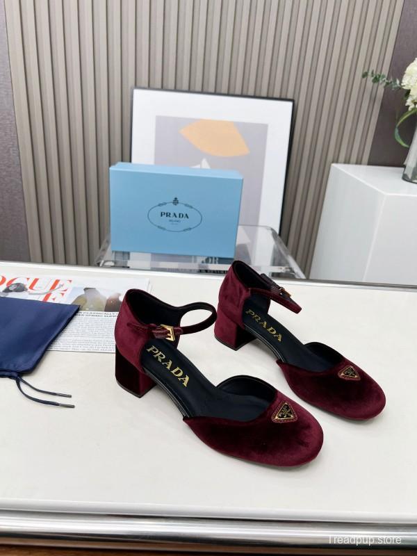 2025 Women Prada Burgundy Velvet Mary Jane Heel LY00270