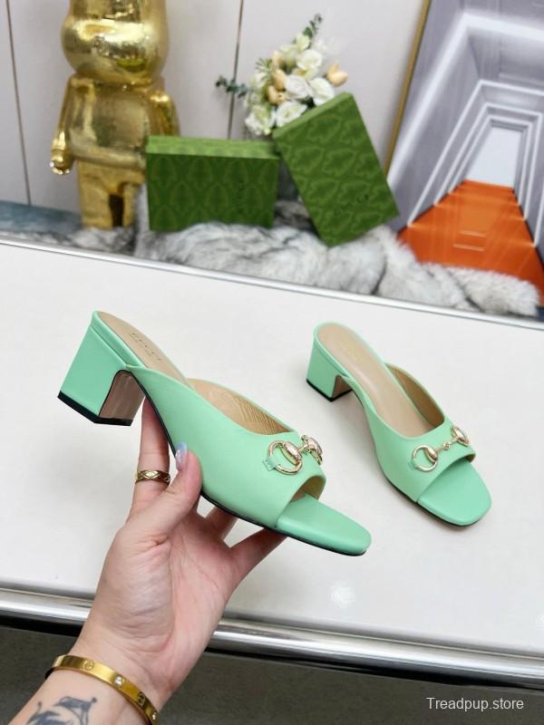 2025 Women Gucci Green Leather Heeled Slippers MJ00180