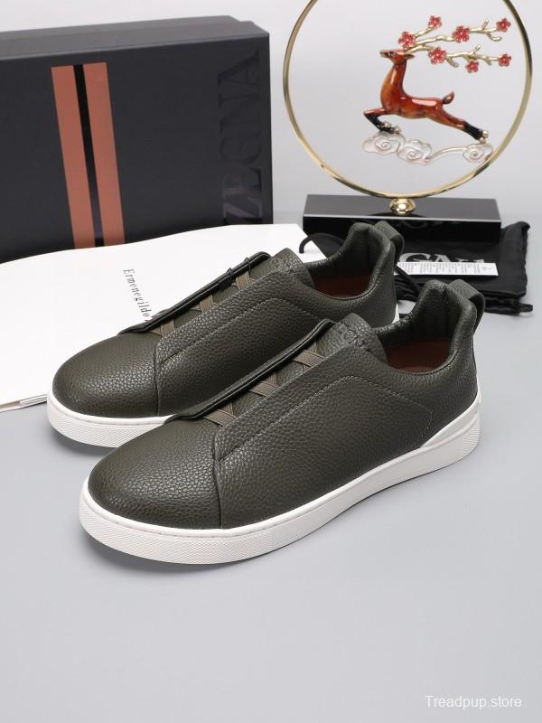 2024 Men Ermenegildo Zegna Dark Green Leather Sneakers MJ00240