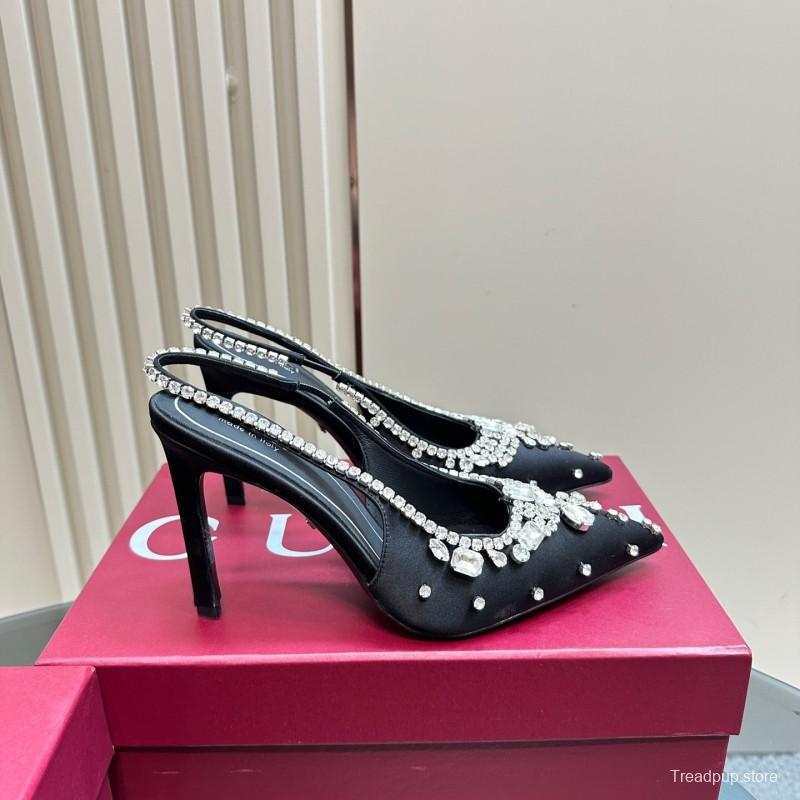 2025 Women Gucci Black Satin Crystal Embellished Slingback Heels