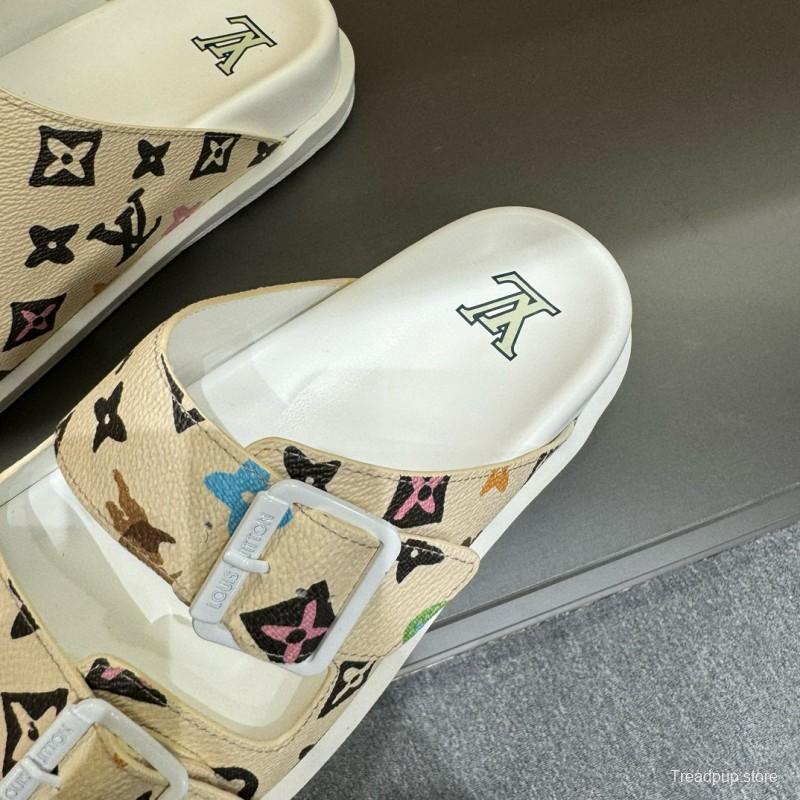 2024 Slippers Louis Vuitton Beige Multicolor Leather Slippers