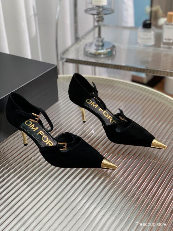 2025 Women TOM FORD Black Gold Suede Leather Pointed Pumps KFY00320