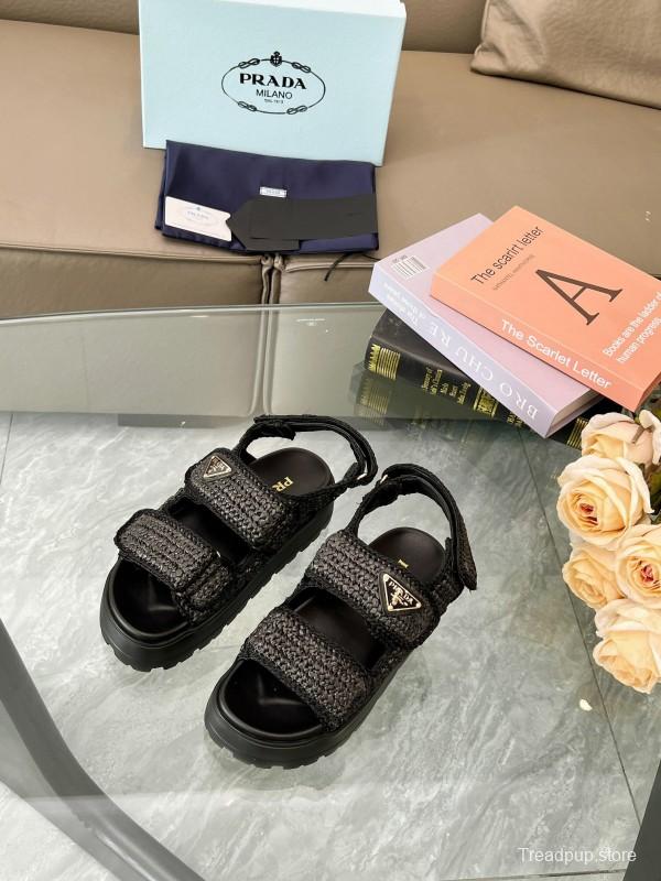 2025 Women Prada Black Woven Leather Platform Sandals LY00300
