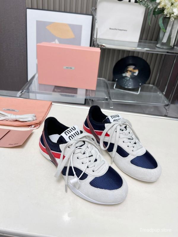 2025 Women Miu Miu Navy White Red Suede Fabric Sneakers LY00