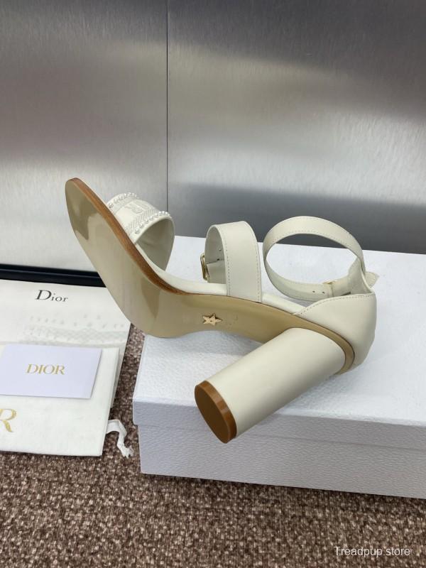 2025 Women Dior White Calfskin Leather Embroidered Sandals KFY00320