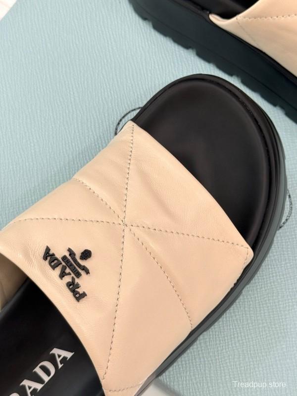 2025 Women Prada Beige Leather Platform Sandals