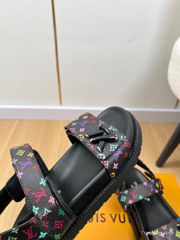 2025 Women Louis Vuitton Black Multicolor Canvas Sandals