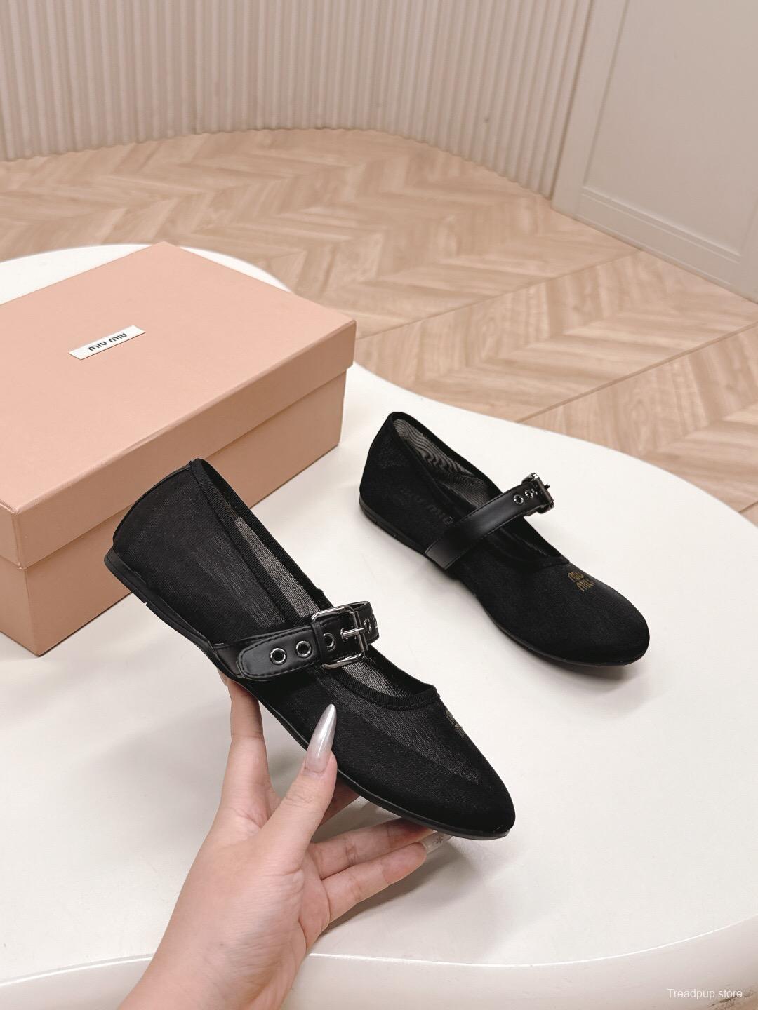 2025 Women Miu Miu Black Mesh Leather Ballet Flats LY00230