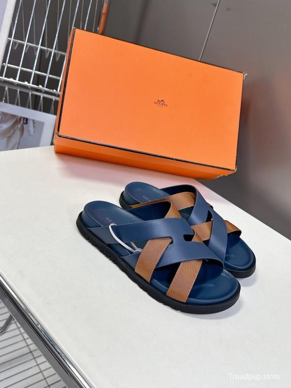 2025 Slippers Hermès Blue Brown Leather Slippers