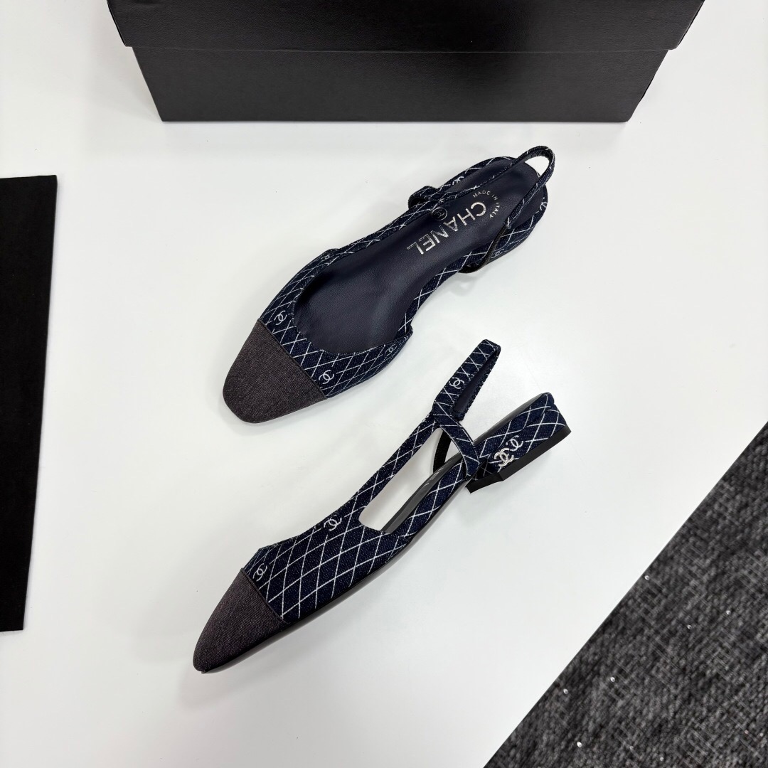 2025 Women Chanel Navy Blue Grey Fabric Leather Slingback LY00000