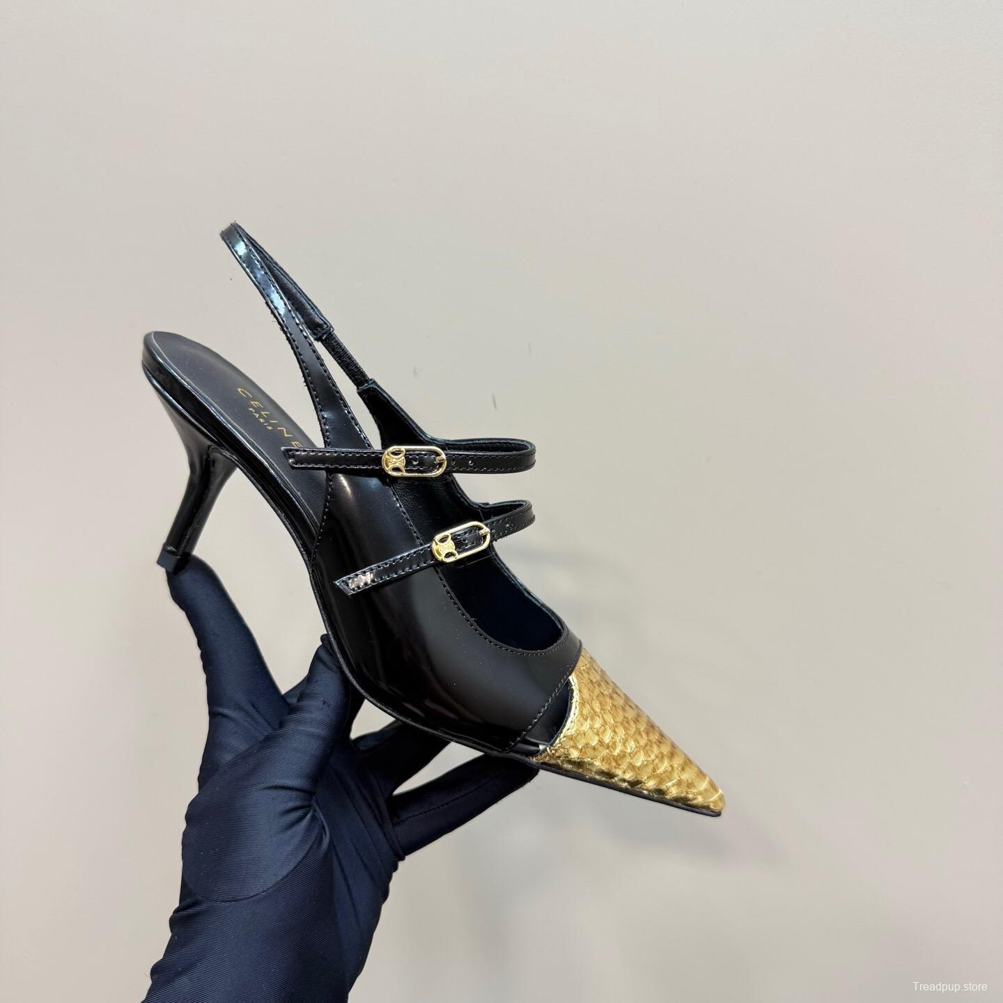 2025 Women CELIN* Black Gold Leather Pointed Toe Slingback Heels