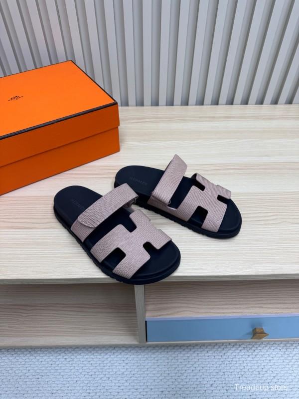 2025 Women Hermès Beige Black Leather Slippers