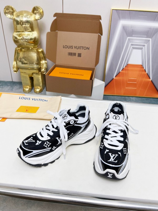 2025 Unisex Louis Vuitton Black White Fabric Leather Sneakers LY00340(F)/LY00341(M)