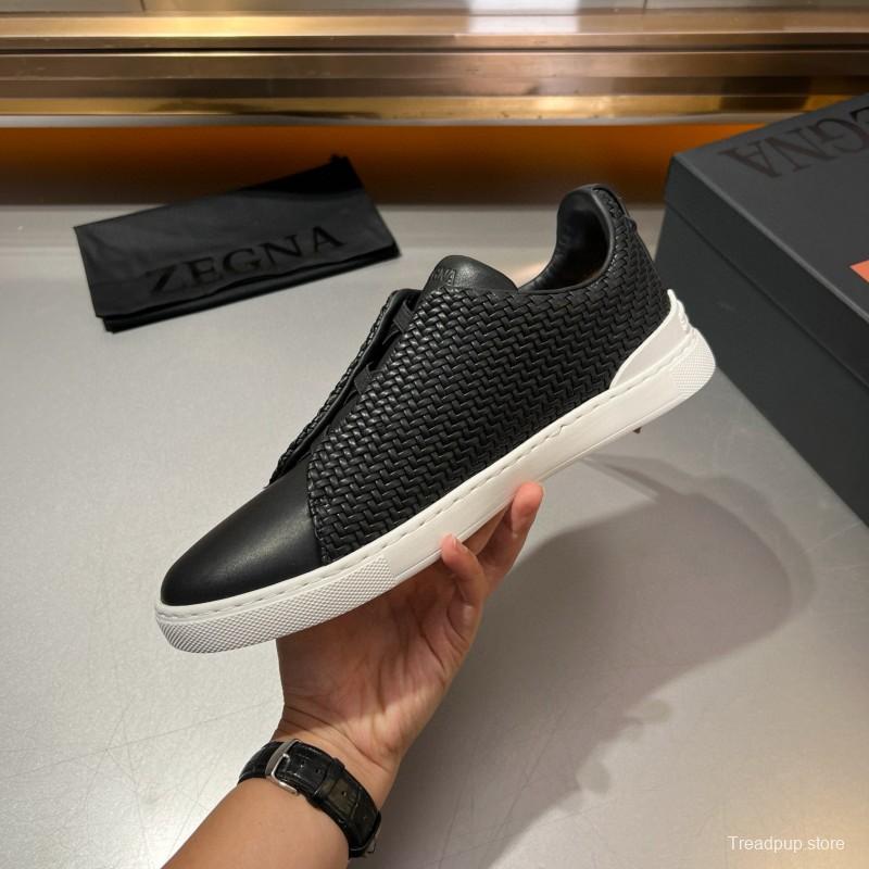 2024 Men Ermenegildo Zegna Black Smooth Calfskin Pelletessuta Sneakers Elastic Detail MJ00280