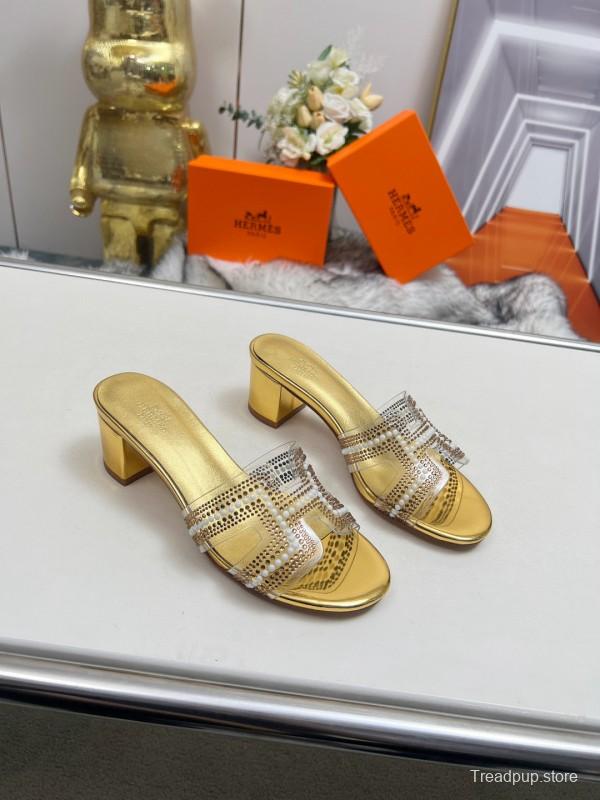2025 Hermès Gold Leather Slippers MJ00180