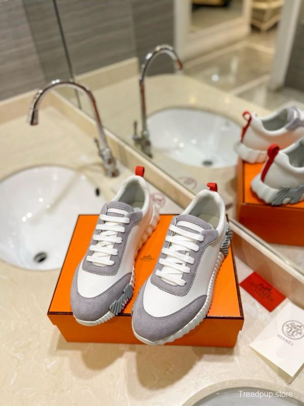 2024 Women Hermès white gray mesh suede sneakers