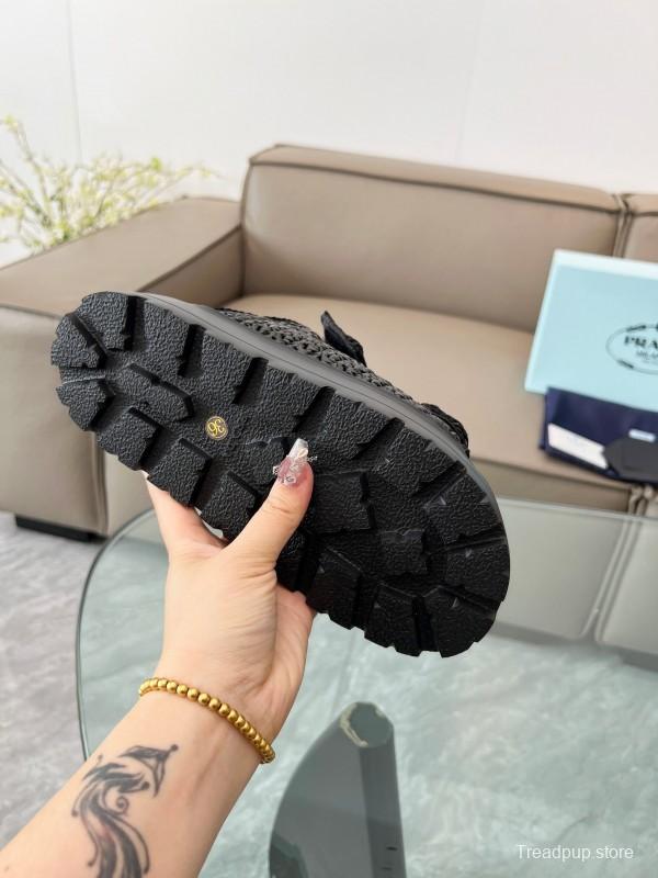 2025 Prada Black Woven Leather Slippers LY00290