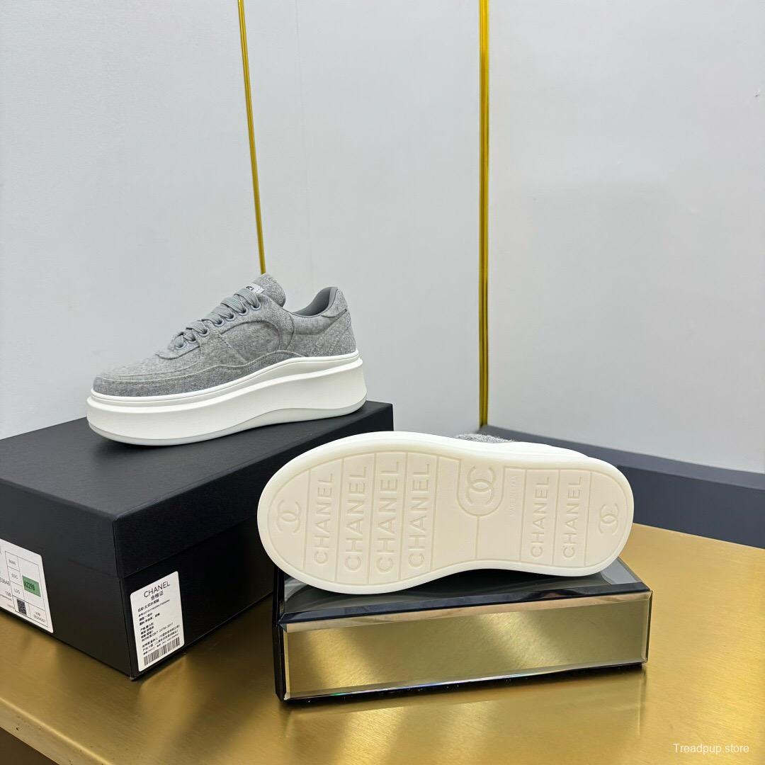 2025 Women Chanel Grey Wool Platform Sneakers