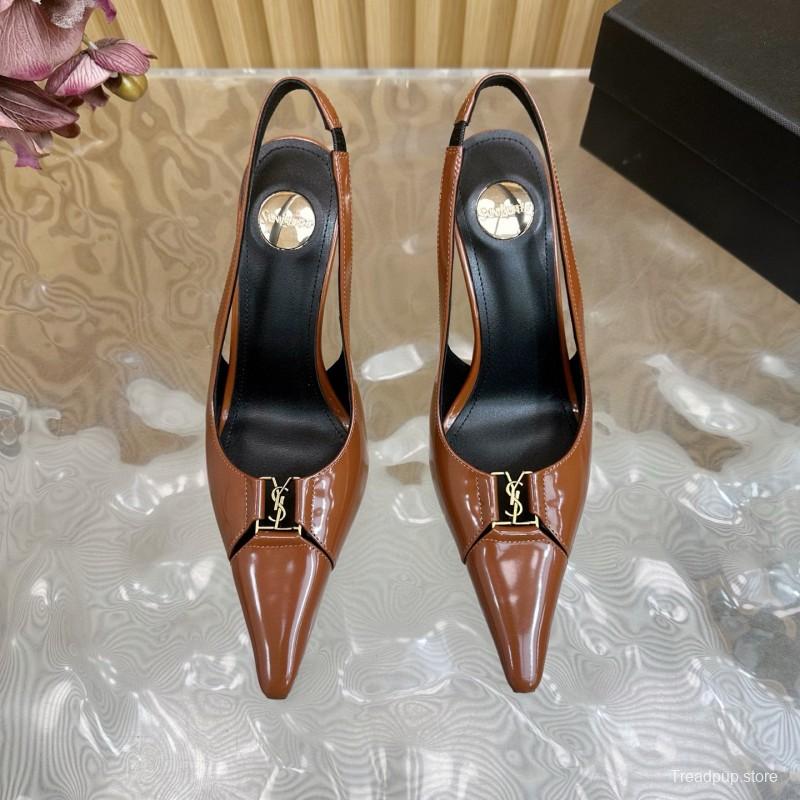 2025 Women Yves Saint Laurent Brown Patent Leather Slingback Heels