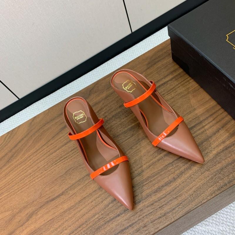2025 Women Malone Souliers Brown Orange Leather Patent Leather Mid Heel Pumps