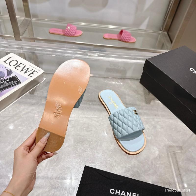 2025 Women Chanel Light Blue Lambskin Slippers